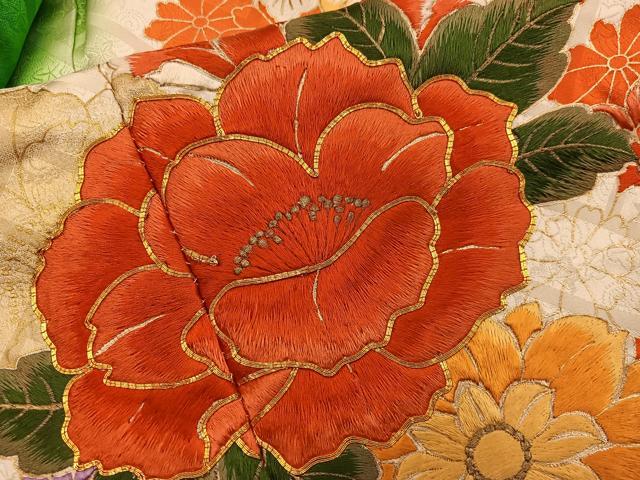 平和屋着物■豪華振袖　駒刺繍　草花文　暈し染め　金彩　正絹　逸品　BAAY0804mz