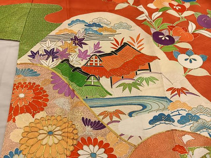 平和屋着物■豪華振袖　駒刺繍　風景花文　金彩　正絹　逸品　BAAY0809mz