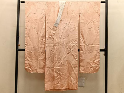平和屋着物■振袖用長襦袢　単衣　飛鶴地紋　深支子色　半衿刺繍　正絹　逸品　BAAY0813mz