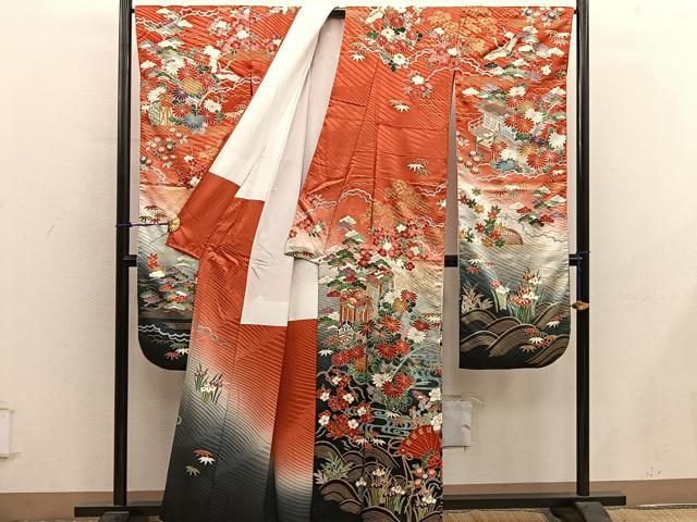 平和屋着物●豪華振袖　駒刺繍　御所車花文　暈し染め　金彩　正絹　逸品　BAAY0821mz