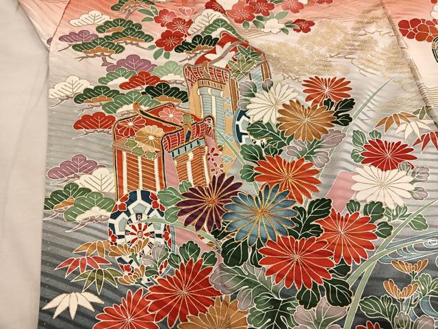 平和屋着物●豪華振袖　駒刺繍　御所車花文　暈し染め　金彩　正絹　逸品　BAAY0821mz