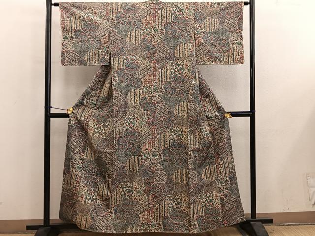 平和屋着物■上質な小紋　紬地　扇面花文　正絹　逸品　BAAY0834mz