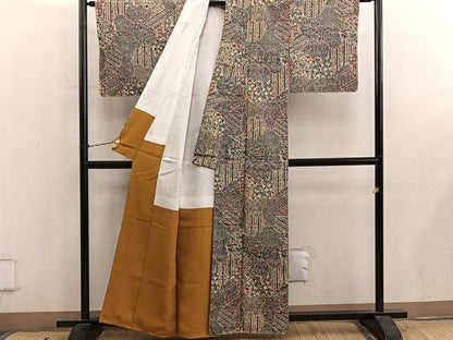 平和屋着物■上質な小紋　紬地　扇面花文　正絹　逸品　BAAY0834mz