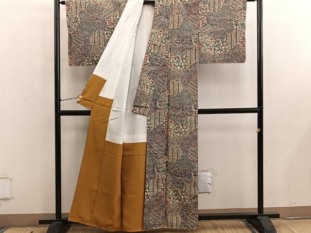 平和屋着物■上質な小紋　紬地　扇面花文　正絹　逸品　BAAY0834mz
