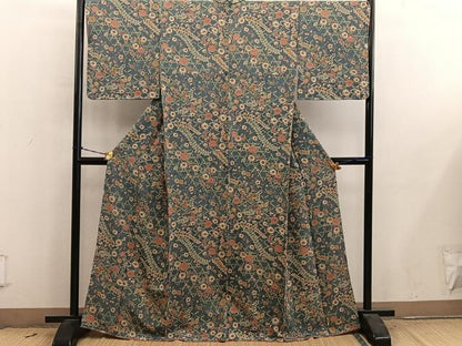平和屋着物■上質な小紋　菊花文　鬼しぼ縮緬　正絹　逸品　未使用　BAAY0835mz