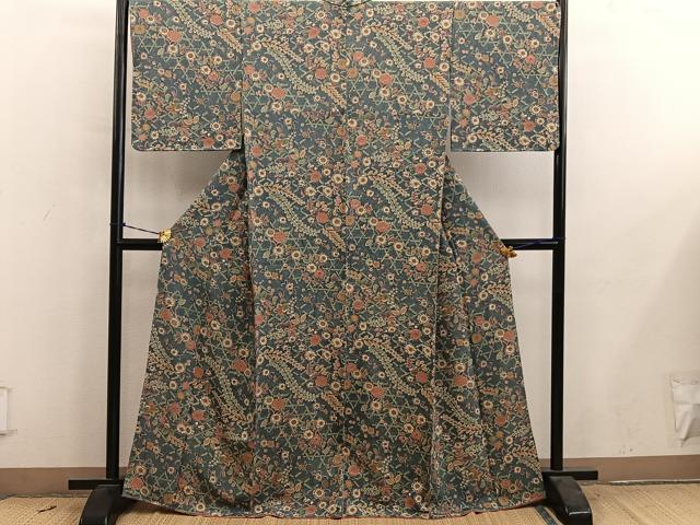 平和屋着物■上質な小紋　菊花文　鬼しぼ縮緬　正絹　逸品　未使用　BAAY0835mz
