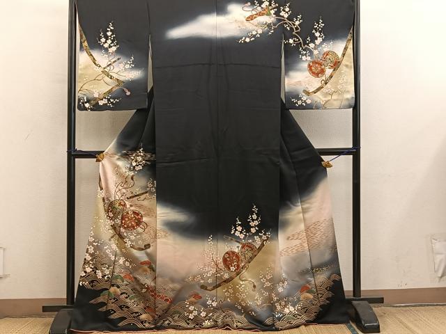 平和屋着物●訪問着　鼓花文　暈し染め　黒地　金彩　正絹　逸品　BAAY0842mz