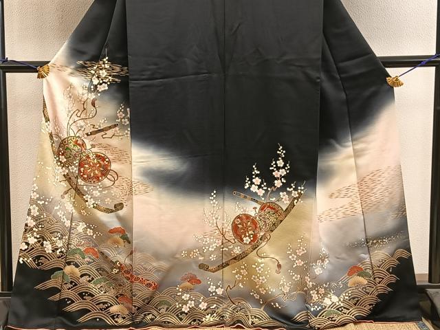 平和屋着物●訪問着　鼓花文　暈し染め　黒地　金彩　正絹　逸品　BAAY0842mz