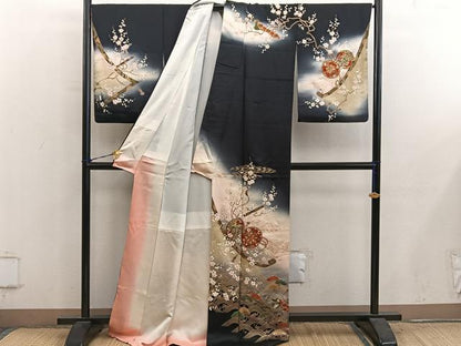 平和屋着物●訪問着　鼓花文　暈し染め　黒地　金彩　正絹　逸品　BAAY0842mz
