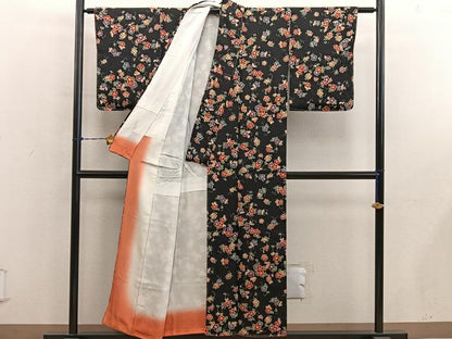 平和屋着物■上質な小紋　草花文　黒地　正絹　逸品　未使用　BAAY0846mz