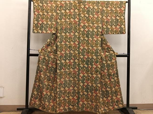 平和屋着物■上質な小紋　紬地　型染め　草花文　正絹　逸品　BAAY0857mz