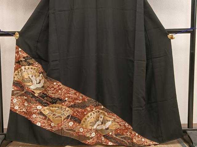 平和屋着物■豪華黒留袖　檜扇飛鶴花文　金彩　正絹　逸品　BAAY0866mz