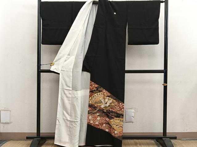 平和屋着物■豪華黒留袖　檜扇飛鶴花文　金彩　正絹　逸品　BAAY0866mz