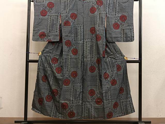 平和屋着物■アンティーク大島　本場大島紬　菊唐草文　割り込み絣　正絹　逸品　BAAY0876mz