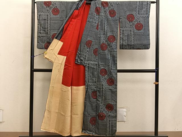 平和屋着物■アンティーク大島　本場大島紬　菊唐草文　割り込み絣　正絹　逸品　BAAY0876mz