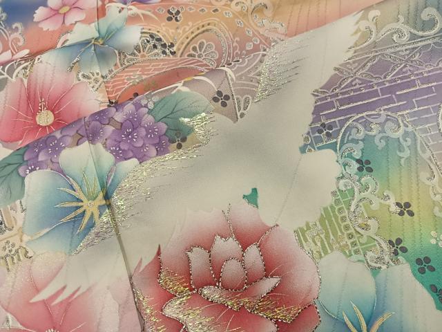 平和屋着物■豪華振袖　花鳥文　暈し染め　金銀糸　正絹　逸品　BAAY0880mz
