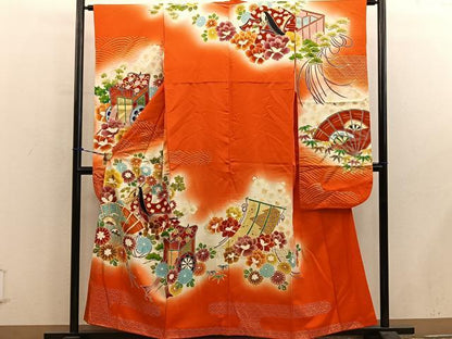 平和屋着物■豪華振袖　駒刺繍　檜扇人物花文　暈し染め　金彩　正絹　逸品　BAAY0886mz