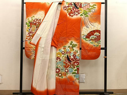 平和屋着物■豪華振袖　駒刺繍　檜扇人物花文　暈し染め　金彩　正絹　逸品　BAAY0886mz