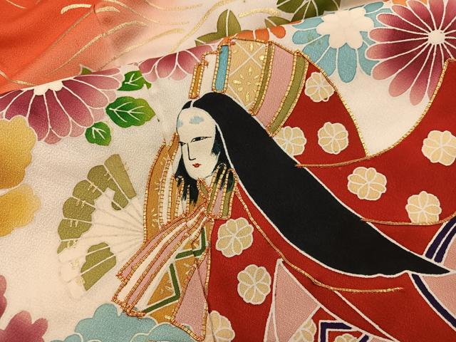 平和屋着物■豪華振袖　駒刺繍　檜扇人物花文　暈し染め　金彩　正絹　逸品　BAAY0886mz