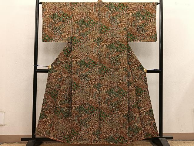 平和屋着物■上質な小紋　切嵌更紗花文　鬼しぼ縮緬　正絹　逸品　BAAY0993mz