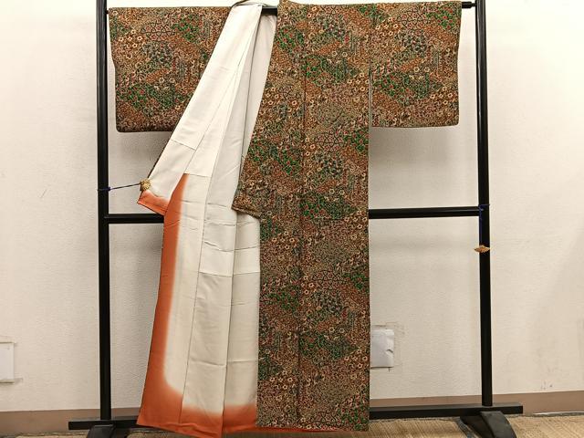 平和屋着物■上質な小紋　切嵌更紗花文　鬼しぼ縮緬　正絹　逸品　BAAY0993mz