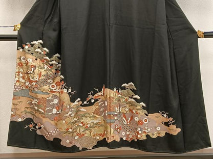平和屋着物■豪華黒留袖　飛鶴花文　金彩　正絹　逸品　BAAY0999mz