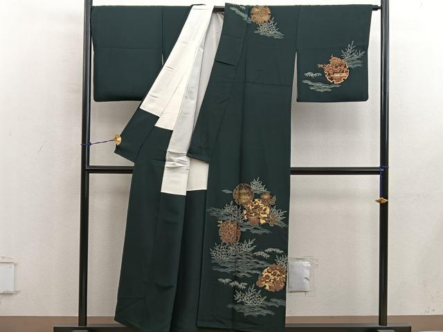 平和屋着物■訪問着　作家物　雪輪花文　黒地　金彩　正絹　逸品　BAAY1006mz