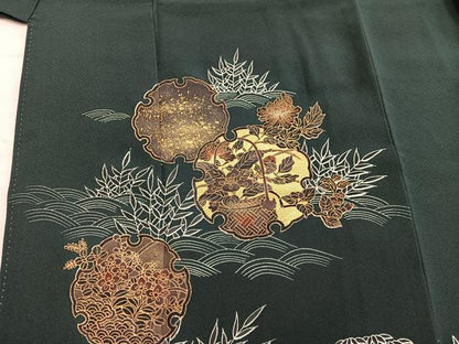 平和屋着物■訪問着　作家物　雪輪花文　黒地　金彩　正絹　逸品　BAAY1006mz