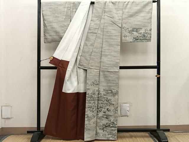 平和屋着物■訪問着　紬地　エ霞花文　正絹　逸品　BAAY1017mz