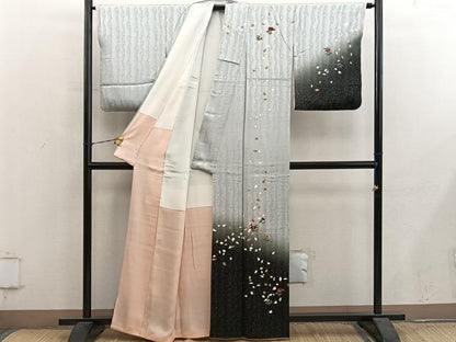 平和屋着物●訪問着　刺繍　草花文　暈し染め　金彩　正絹　逸品　BAAY1088mz