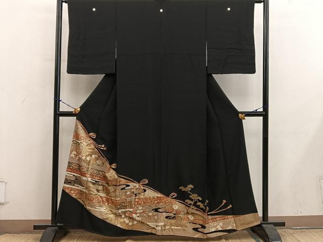 平和屋着物■豪華黒留袖　駒刺繍　御所車花文　金彩　正絹　逸品　BAAY1090mz