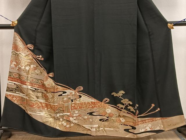平和屋着物■豪華黒留袖　駒刺繍　御所車花文　金彩　正絹　逸品　BAAY1090mz
