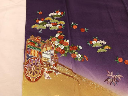 平和屋着物■豪華振袖　駒刺繍　御所車花文　暈し染め　金彩　正絹　逸品　BAAY1092mz