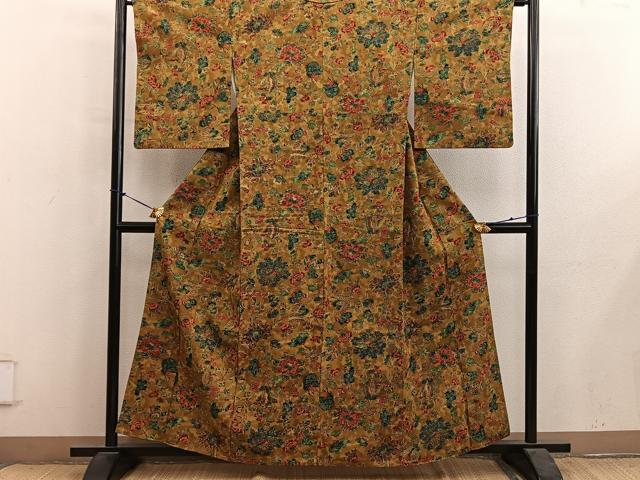 平和屋着物■上質な小紋　紬地　更紗花文　正絹　逸品　BAAY1116mz