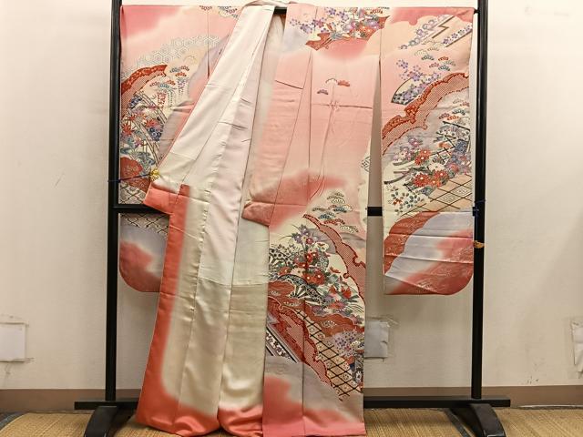 平和屋着物■豪華振袖　駒刺繍　片輪車花鳥文　暈し染め　金彩　正絹　逸品　BAAY1118mz