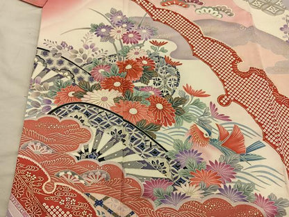 平和屋着物■豪華振袖　駒刺繍　片輪車花鳥文　暈し染め　金彩　正絹　逸品　BAAY1118mz
