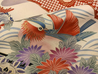 平和屋着物■豪華振袖　駒刺繍　片輪車花鳥文　暈し染め　金彩　正絹　逸品　BAAY1118mz