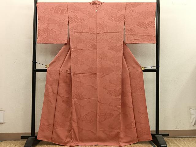 平和屋着物●上質な色無地　雲重ね亀甲地紋　煉瓦色　正絹　逸品　BAAY1143mz