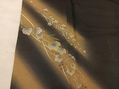 平和屋着物●訪問着　駒刺繍　枝葉文　暈し染め　黒地　金彩　鈴乃屋扱い　正絹　逸品　BAAY1157mz