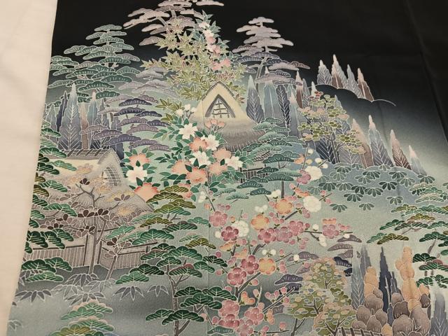 平和屋着物■豪華黒留袖　友禅　作家物　風景花文　暈し染め　正絹　逸品　BAAY1160mz
