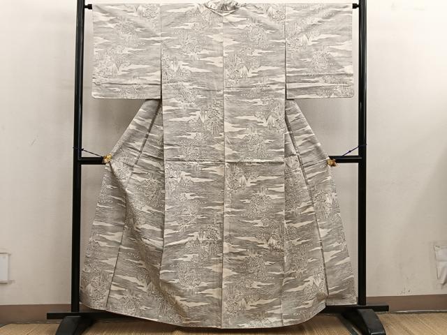平和屋着物●本場大島紬　白大島　9マルキ　流水風景花文　正絹　逸品　BAAY1168mz