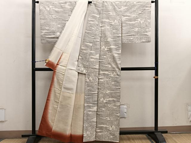 平和屋着物●本場大島紬　白大島　9マルキ　流水風景花文　正絹　逸品　BAAY1168mz