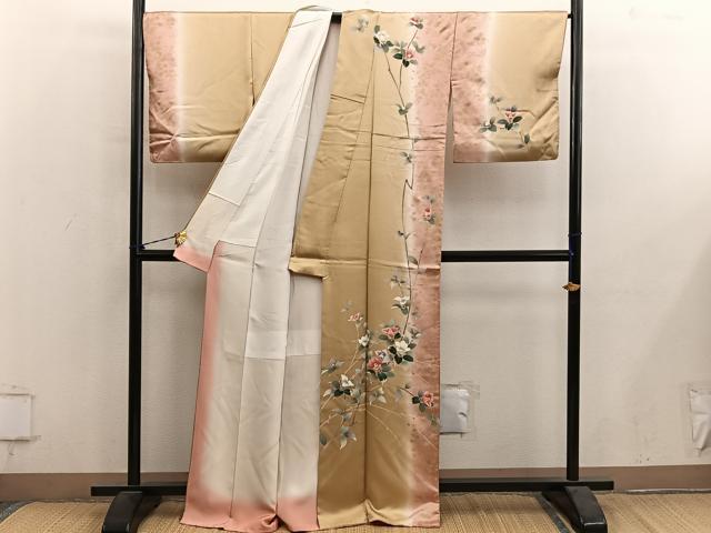 平和屋着物●訪問着　枝椿文　暈し染め　金彩　正絹　逸品　BAAY1169mz