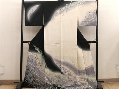 平和屋着物●訪問着　舞桜文　暈し染め　黒地　正絹　逸品　BAAY1170mz