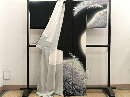 平和屋着物●訪問着　舞桜文　暈し染め　黒地　正絹　逸品　BAAY1170mz