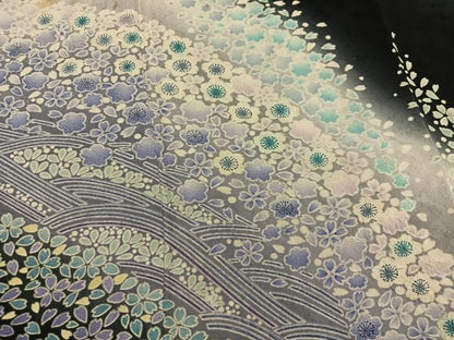 平和屋着物●訪問着　舞桜文　暈し染め　黒地　正絹　逸品　BAAY1170mz