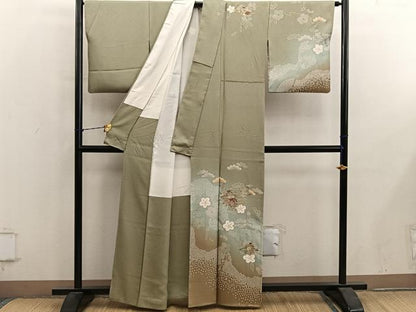 平和屋着物●訪問着　刺繍　松皮菱牡丹花文　暈し染め　金彩　正絹　逸品　BAAY1181mz