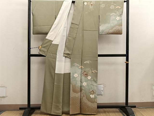 平和屋着物●訪問着　刺繍　松皮菱牡丹花文　暈し染め　金彩　正絹　逸品　BAAY1181mz