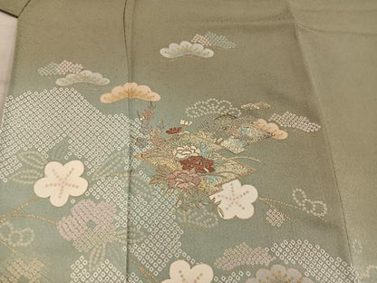 平和屋着物●訪問着　刺繍　松皮菱牡丹花文　暈し染め　金彩　正絹　逸品　BAAY1181mz