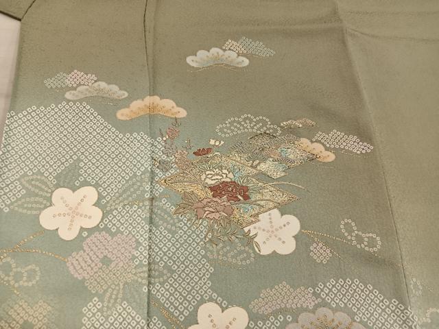 平和屋着物●訪問着　刺繍　松皮菱牡丹花文　暈し染め　金彩　正絹　逸品　BAAY1181mz